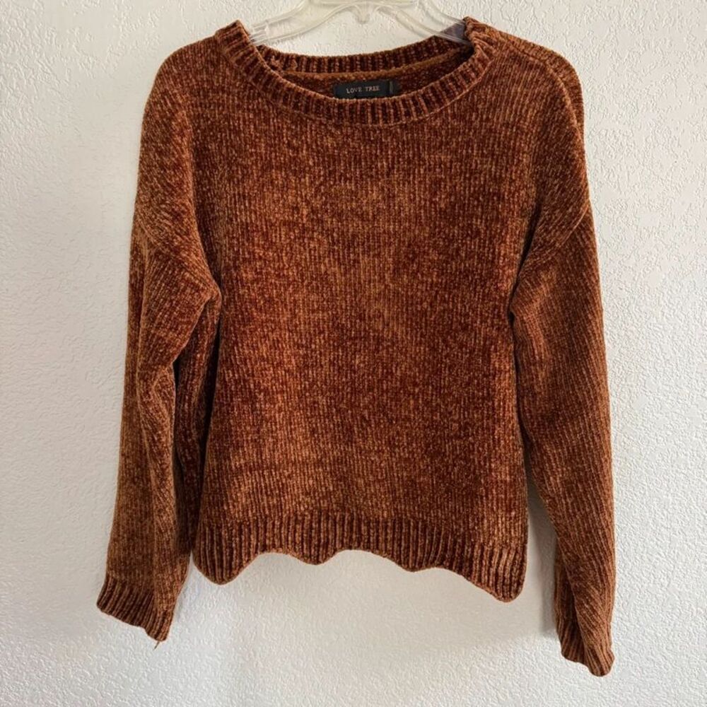Love Tree Brown Chenille Scalloped Hem Sweater Knit Velvety Cabin Fall Autumn M